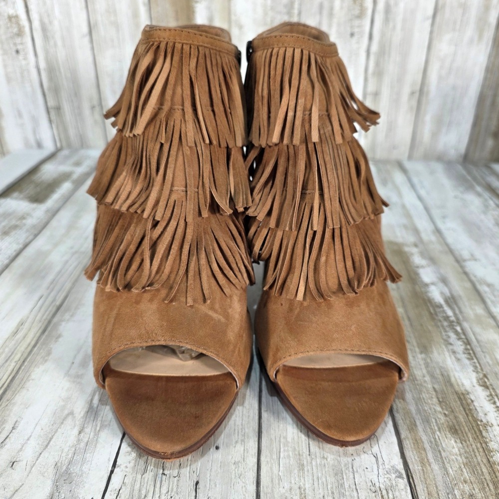Vince Camuto Jaden Tan Suede Fringe Open Toe Bootie Heels 10M